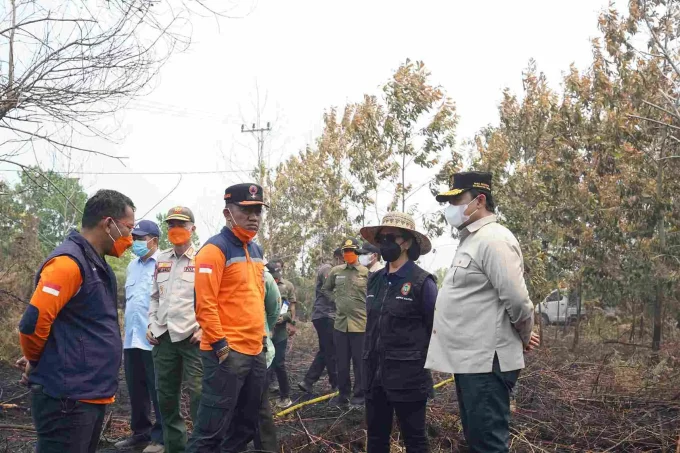 Wagub Kalteng, Edy Pratowo, Didampingi Sekda Linae Victoria Aden, Kalaksa Bpbpk Prov. Kalteng Ahmad Toyib, Serta Petugas Gabungan Saat Di Lokasi Kebakaran Hutan Dan Lahan (karhutla)
